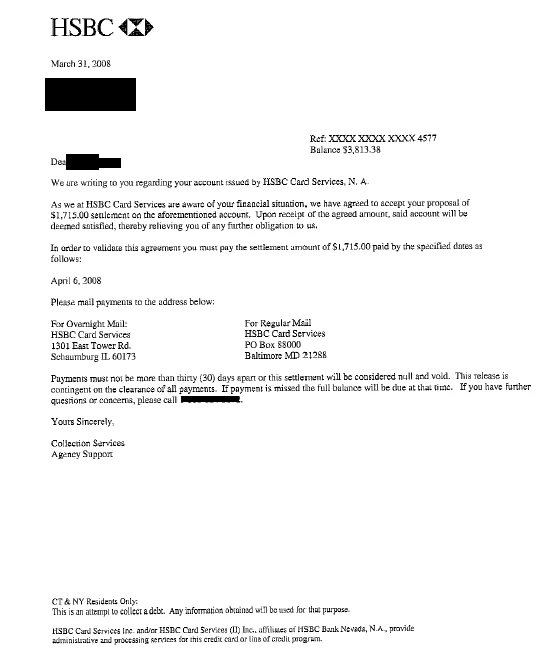 HSBC Bank settlement letter, $3,813.38 balance settled for $1,715.00