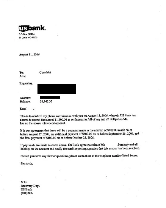 US Bank settlement letter, $3,242.33 balance settled for $1,200