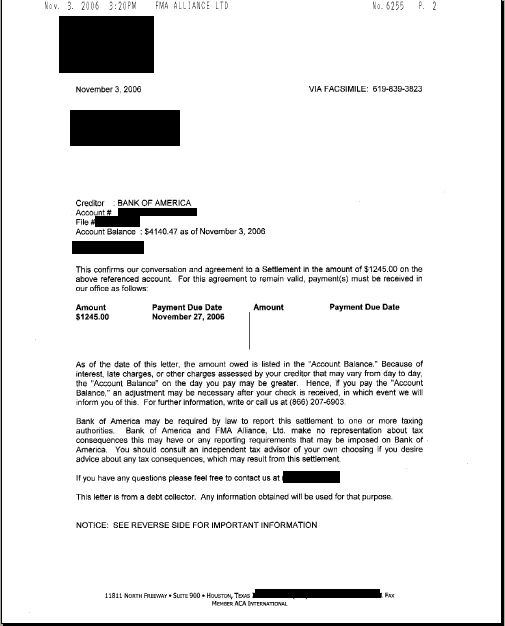 Bank of America settlement letter, $4,140.47 settled for $1,245.00