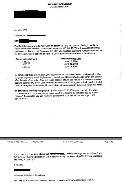 FIA Card Services settlement letter, $10,940.78 balance settled for $2,200