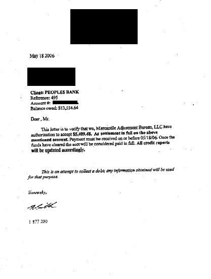Peoples Bank settlement letter, $13,554.64 balance settled for $5,409.48