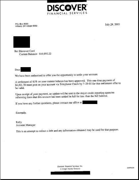 Discover settlement letter, $10,892.22 settled for $4,901.50