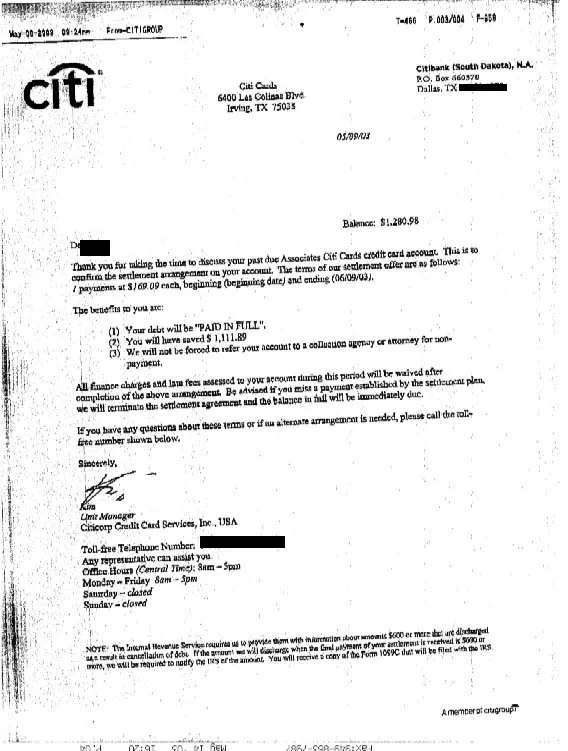 Citibank settlement letter, $1,280.98 balance settled for $169.09