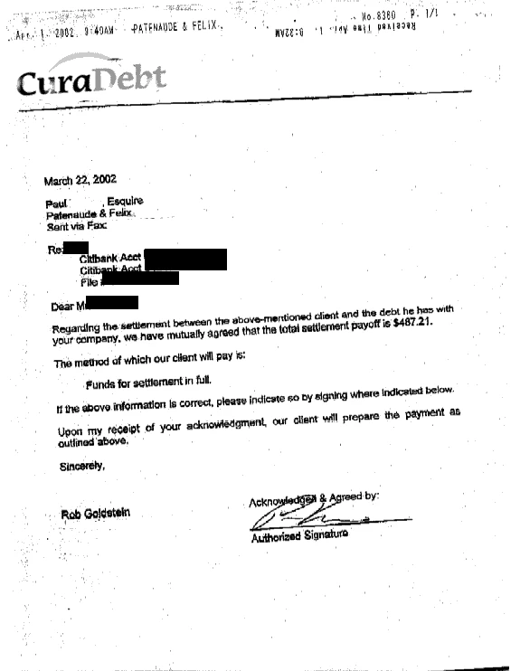 Carta de liquidación de deuda de Citibank de marzo de 2002, con datos personales ocultos