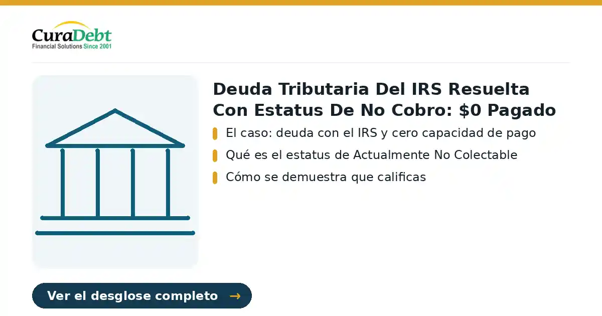 deuda tributaria del irs resuelta con: puntos clave: El caso: deuda con el IRS y cero capacidad de pago; Qué es el estatus de Actualmente No Colectable.