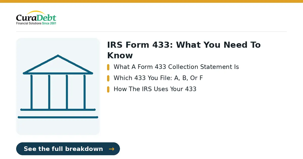 irs form 433: key points - What A Form 433 Collection Statement Is; Which 433 You File: A, B, Or F (IRS tax debt relief, tax settlement help).
