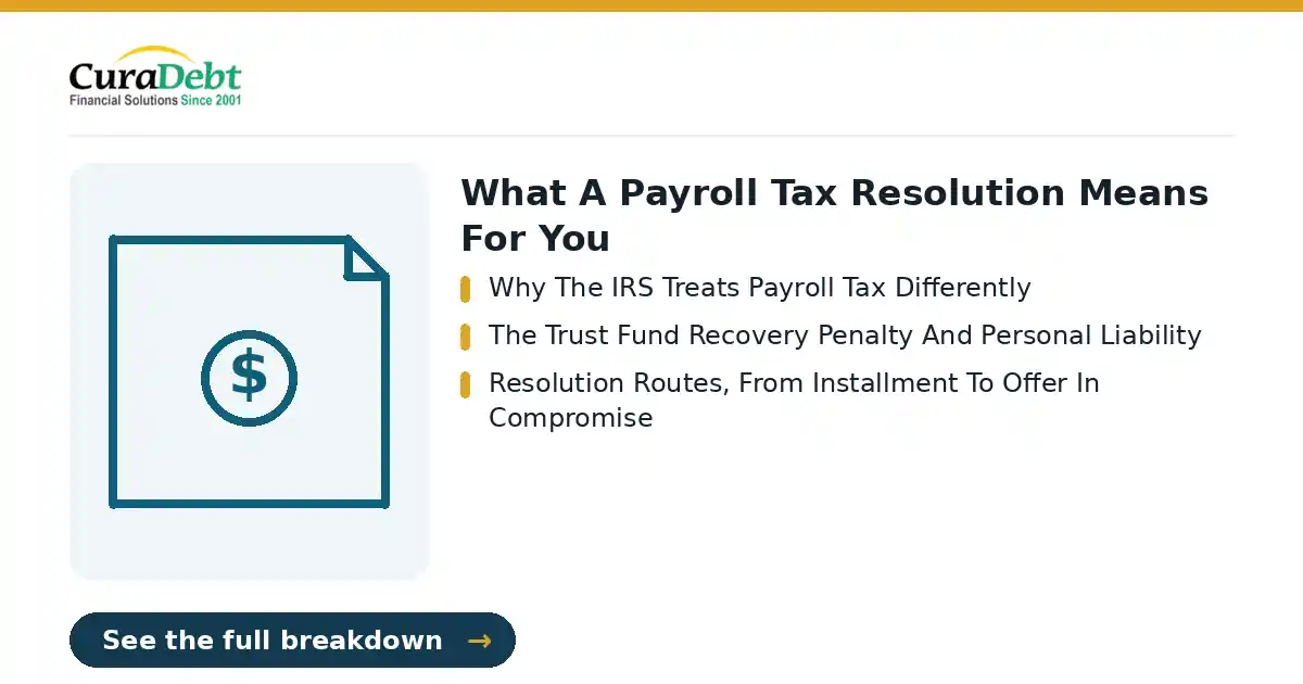 what a payroll tax resolution means: key points - Why The IRS Treats Payroll Tax Differently; The Trust Fund Recovery Penalty And Personal Liability (IRS tax debt relief, tax settlement help).